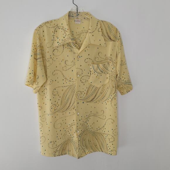 Vintage Jantzen 70s Button Front Shirt Yellow Peacock Short Sleeve Men - Picture 7 of 12